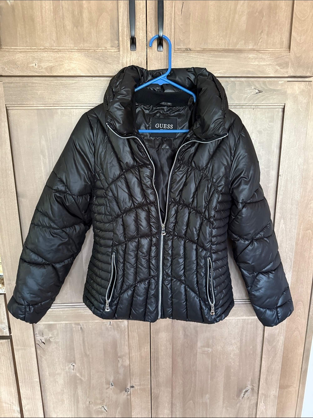 Guess Black Quilted Puffer Jacket with High Collar